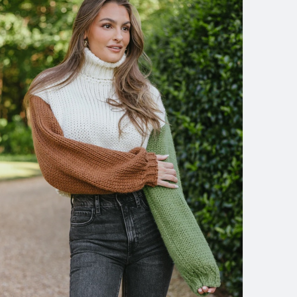 Colorblock cropped Turtleneck Sweater - Cream, Brown, and Green
